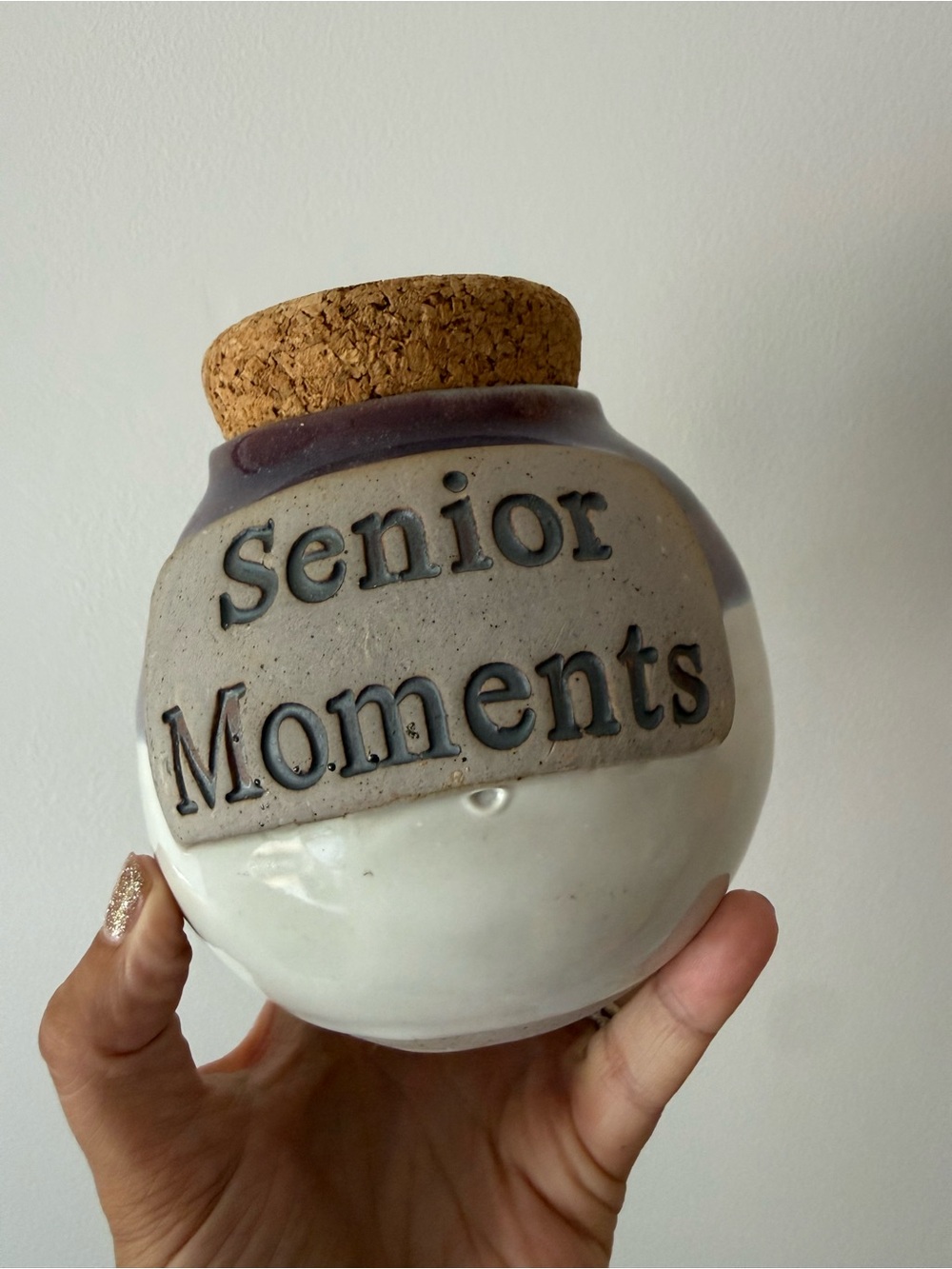 Senior Moments Ceramic Jar with Cork Lid - White and Tan